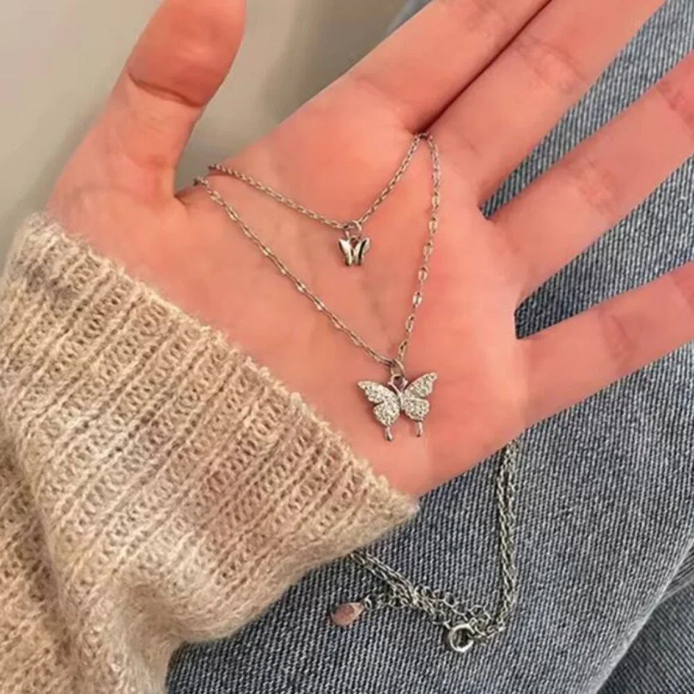 Stainless Steel Silver Double Layered Butterfly Necklace - Picture 4 of 5